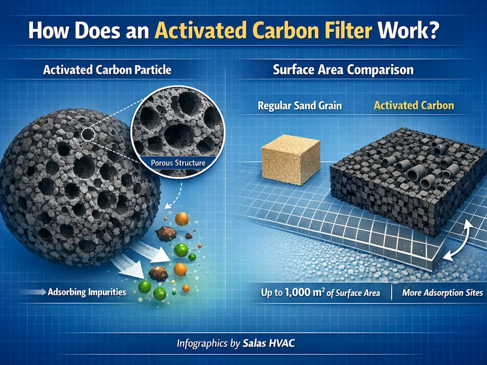 infographic of microscopic view of activated carbon showing porous structure and surface area for adsorption