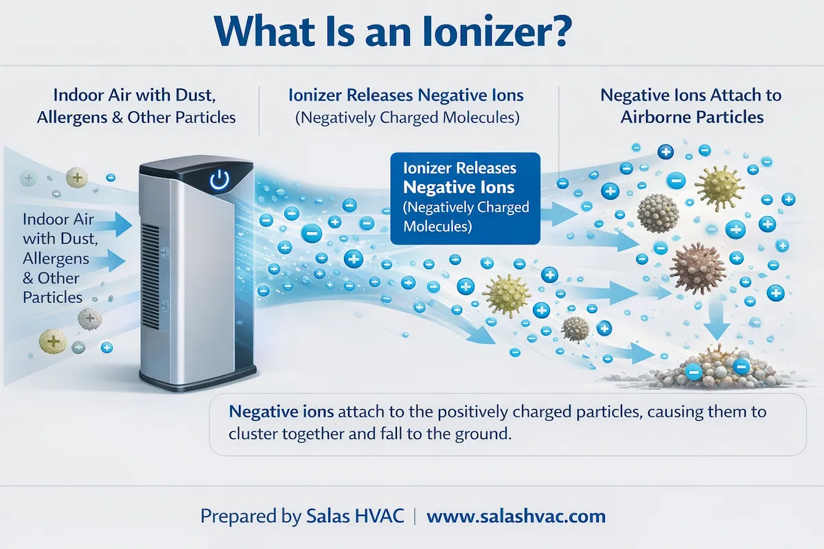 Diagram showing how air ionizers work and how negative ions attach to airborne particles in an air ionizer