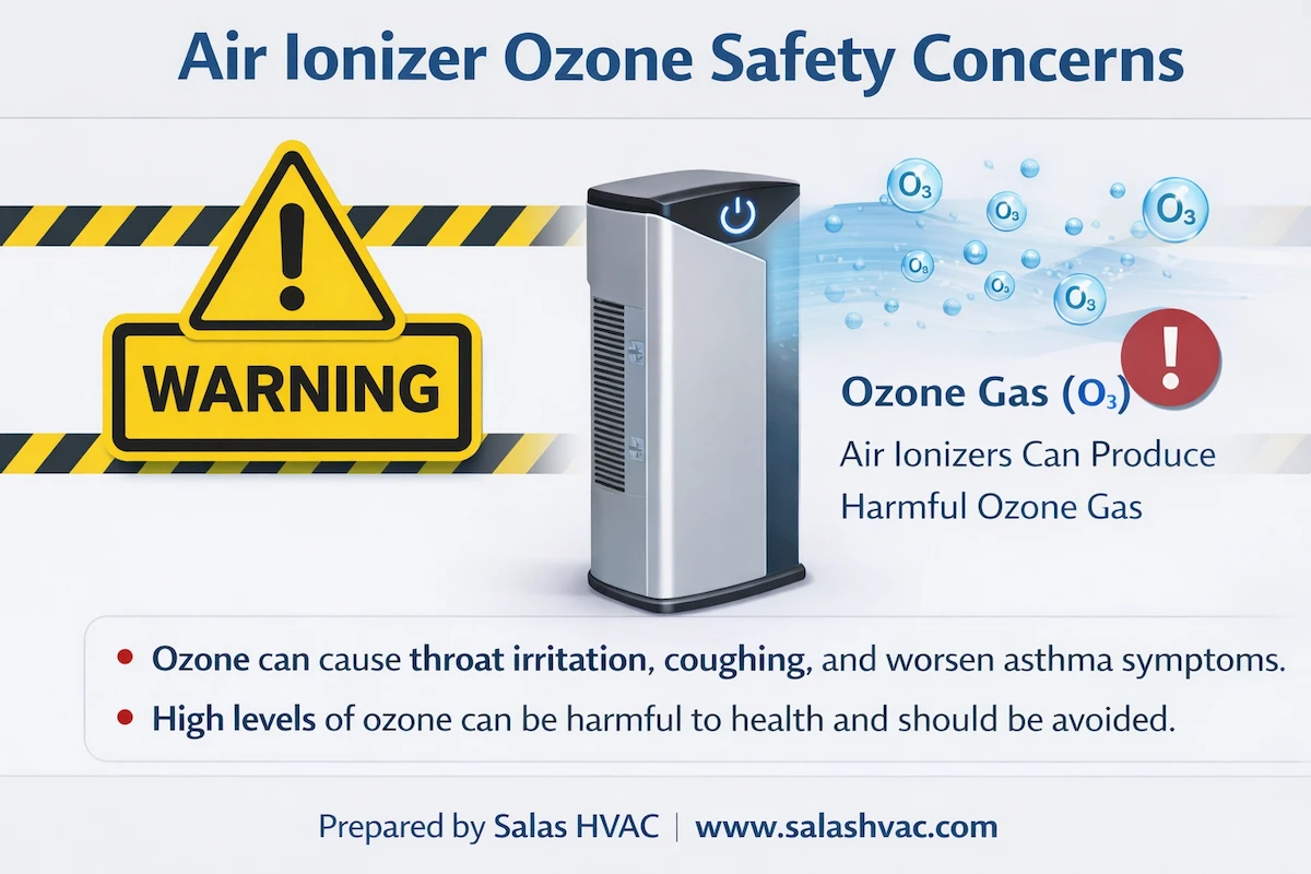 A visual warning graphic highlighting air ionizer ozone safety concerns.