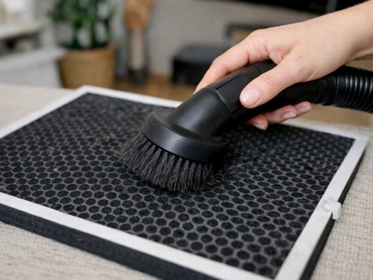 A female hand holding a soft brush vacuum attachment to clean carbon air filter