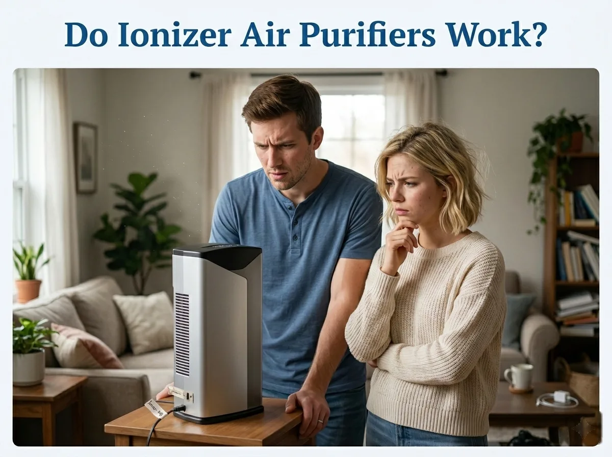 A couple standing next to an ionizer air purifier with a sceptical look
