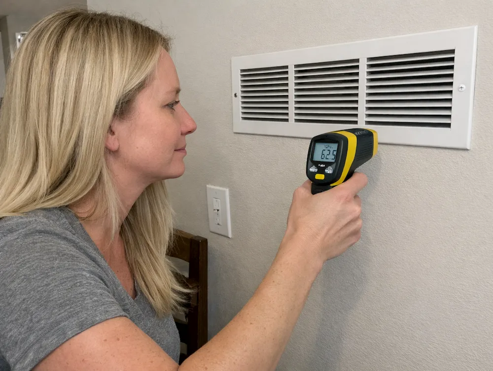 A blonde woman in her 30s uses a digital thermometer to measure air temperature at a wall vent inside a home.