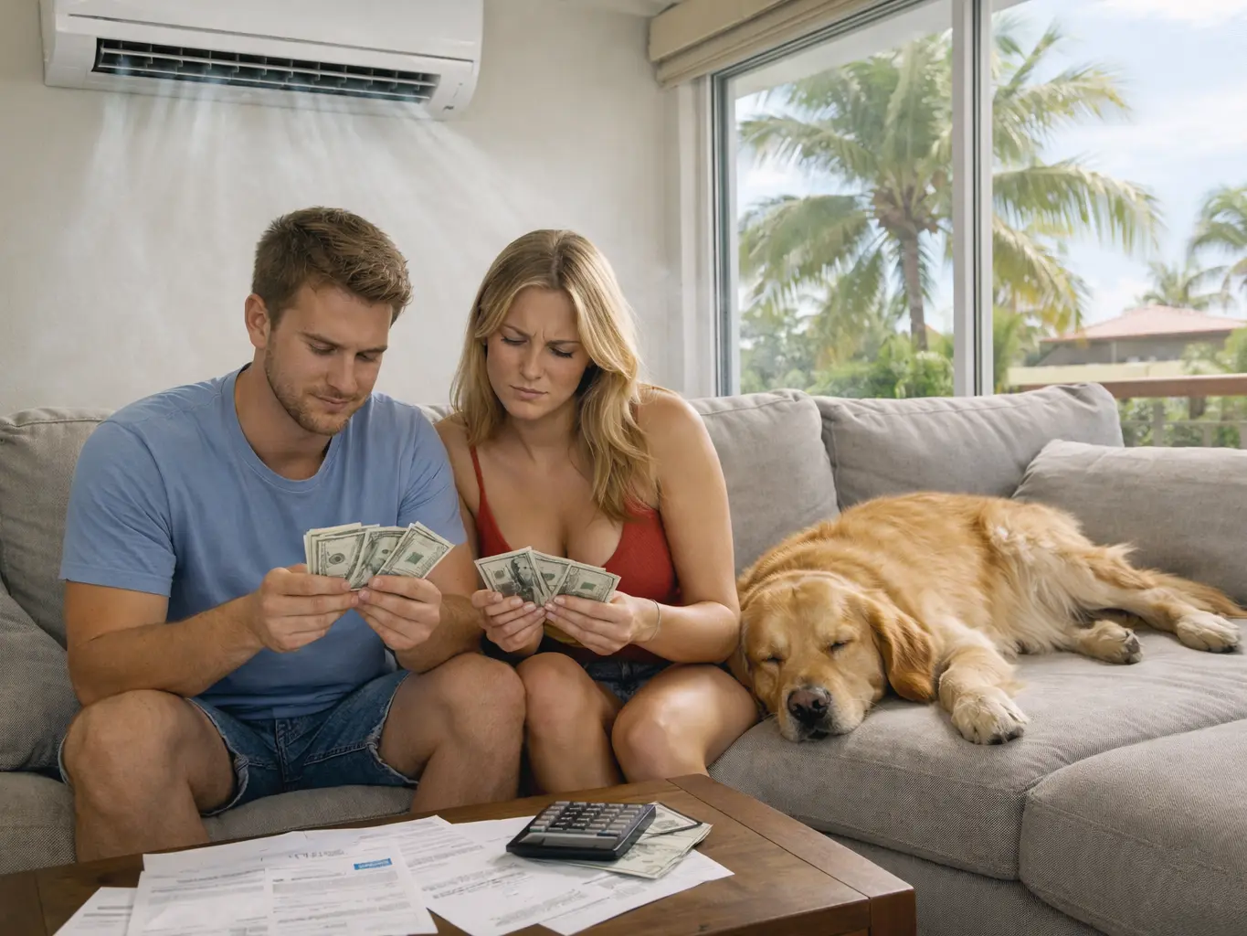 Young couple counting USD cash and the cost of electricity and energy, with their large dog chilling on a large sofa with the AC blowing strong ice cold air.