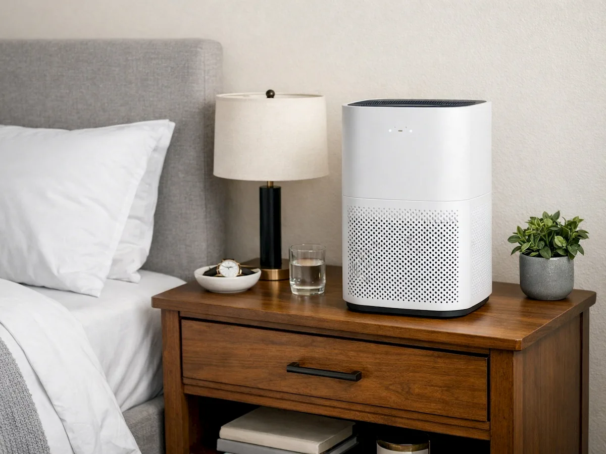 A white air purifier placed on a bedside nightstand