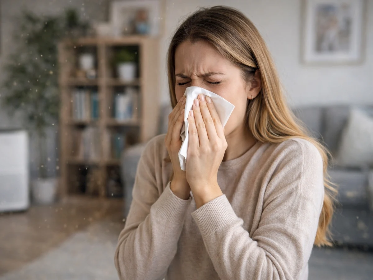 Woman sneezing indoors due to poor air quality and allergens