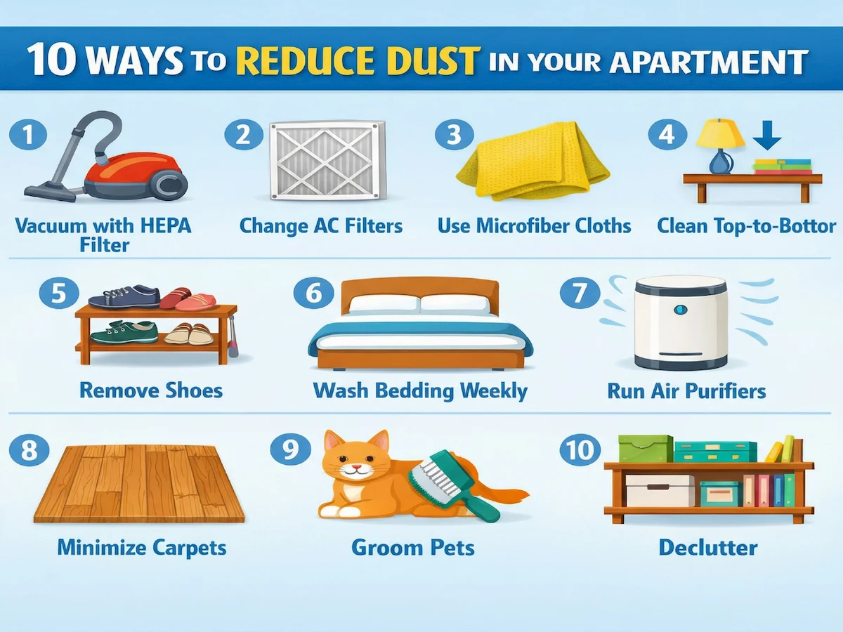 A visual infographic showing the 10 ways to reduce dust in your apartment.