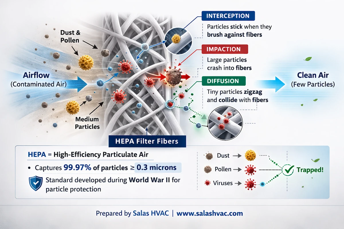 A Salas Heating and Air diagram of HEPA filter in action capturing virus-laden particles