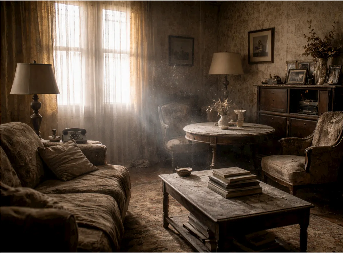 Interior of older home with visible dust particles in sunlight streaming through window