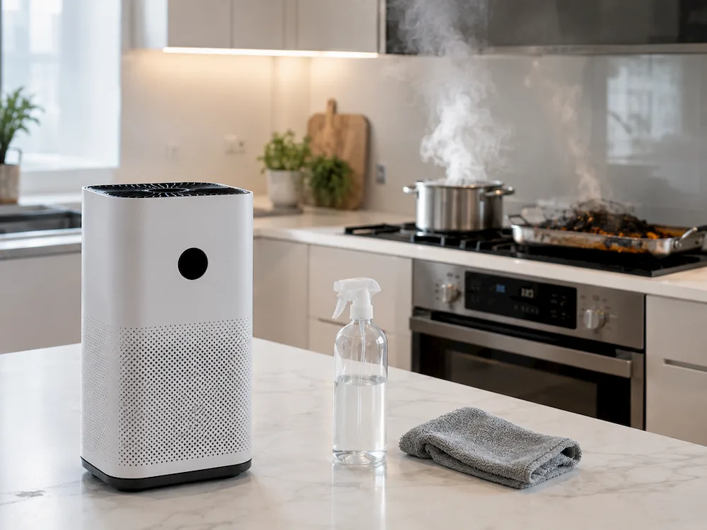 Air purifier with activated carbon filter running in smoke-affected kitchen