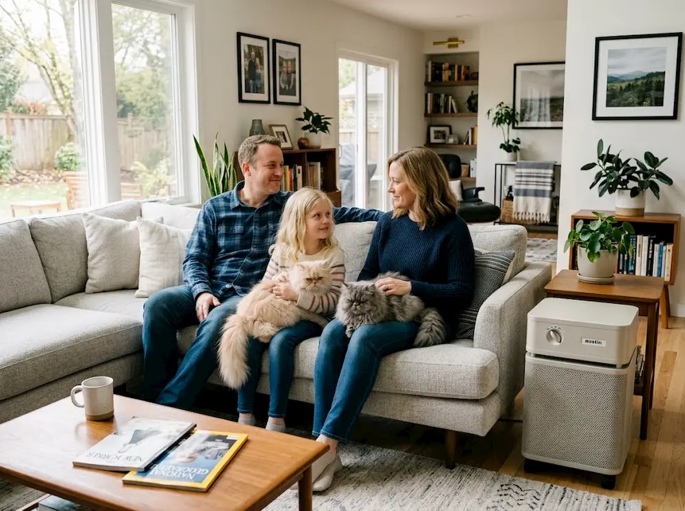 Family, with daughter and two persian cats sitting next to an Austin Air HealthMate Plus in their living room.