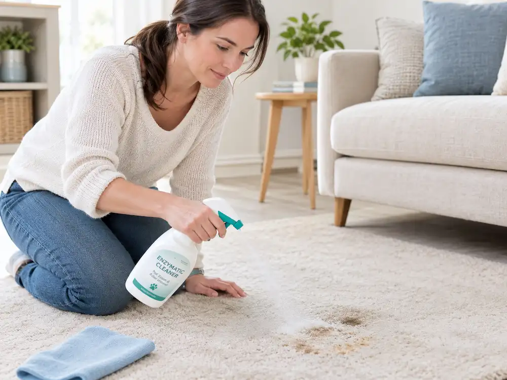 Woman applying enzymatic cleaner to cat urine carpet stain with spray bottle