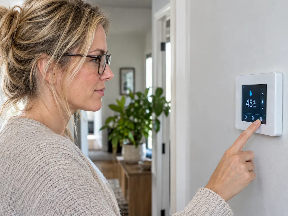 woman touching wall control panel of a whole house dehumidifier