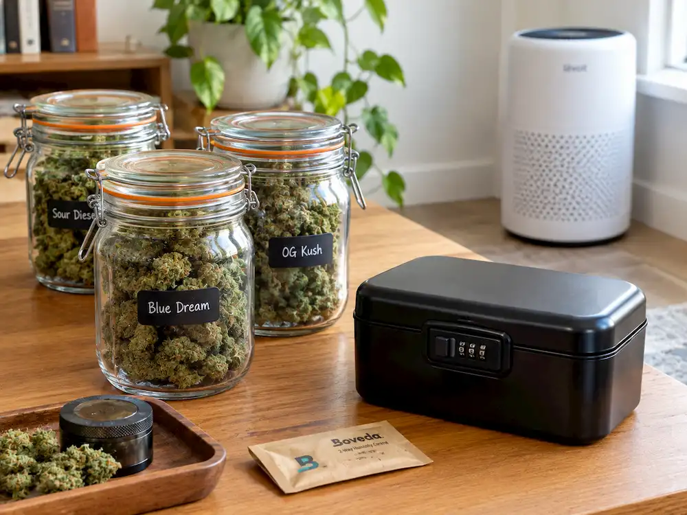 Glass mason jars with rubber seals storing cannabis to prevent odor