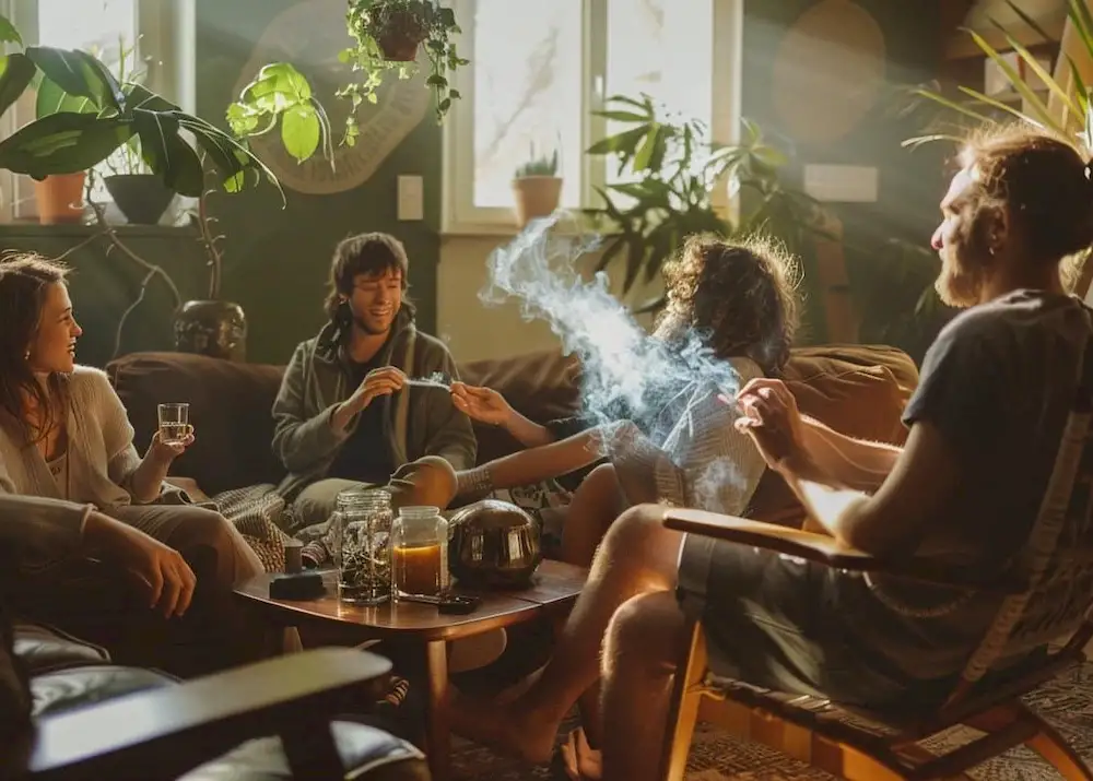 group of friends smooking weed indoors